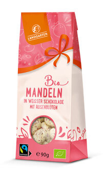 Bio Mandeln in weißer Schokolade mit Rosenblüten